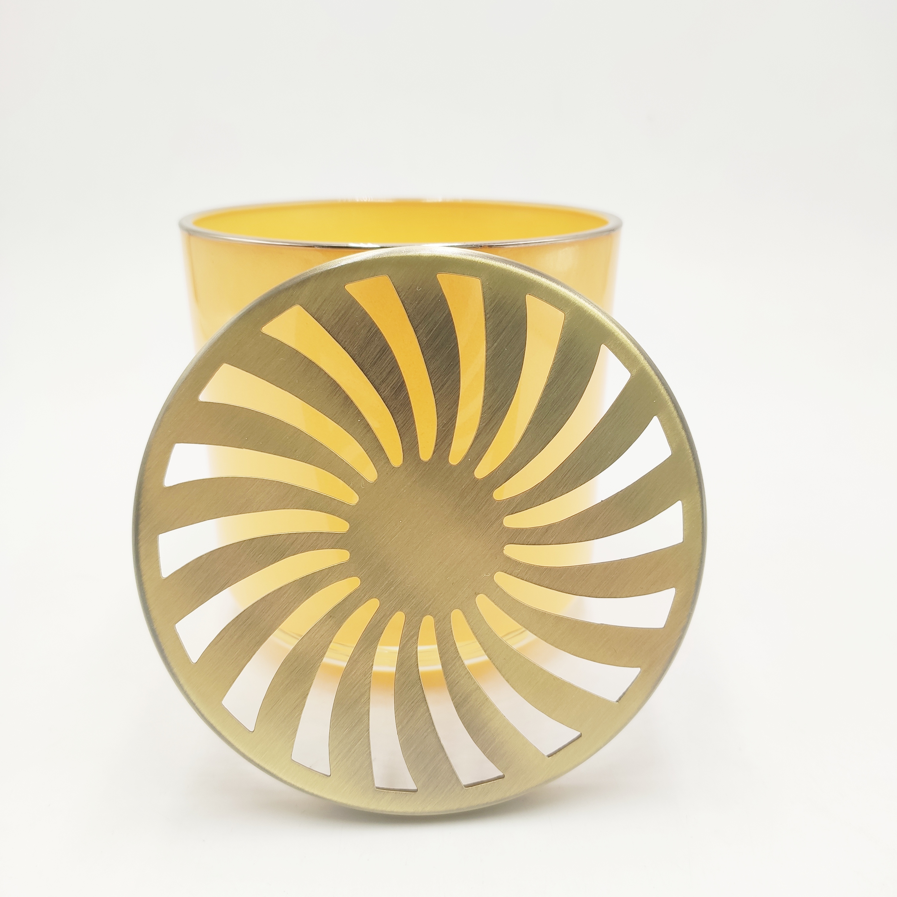 High quality glass candle jar with unique hollow-out metal lid