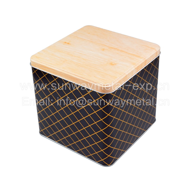 Square tin with wood grain lid large home storage tin can