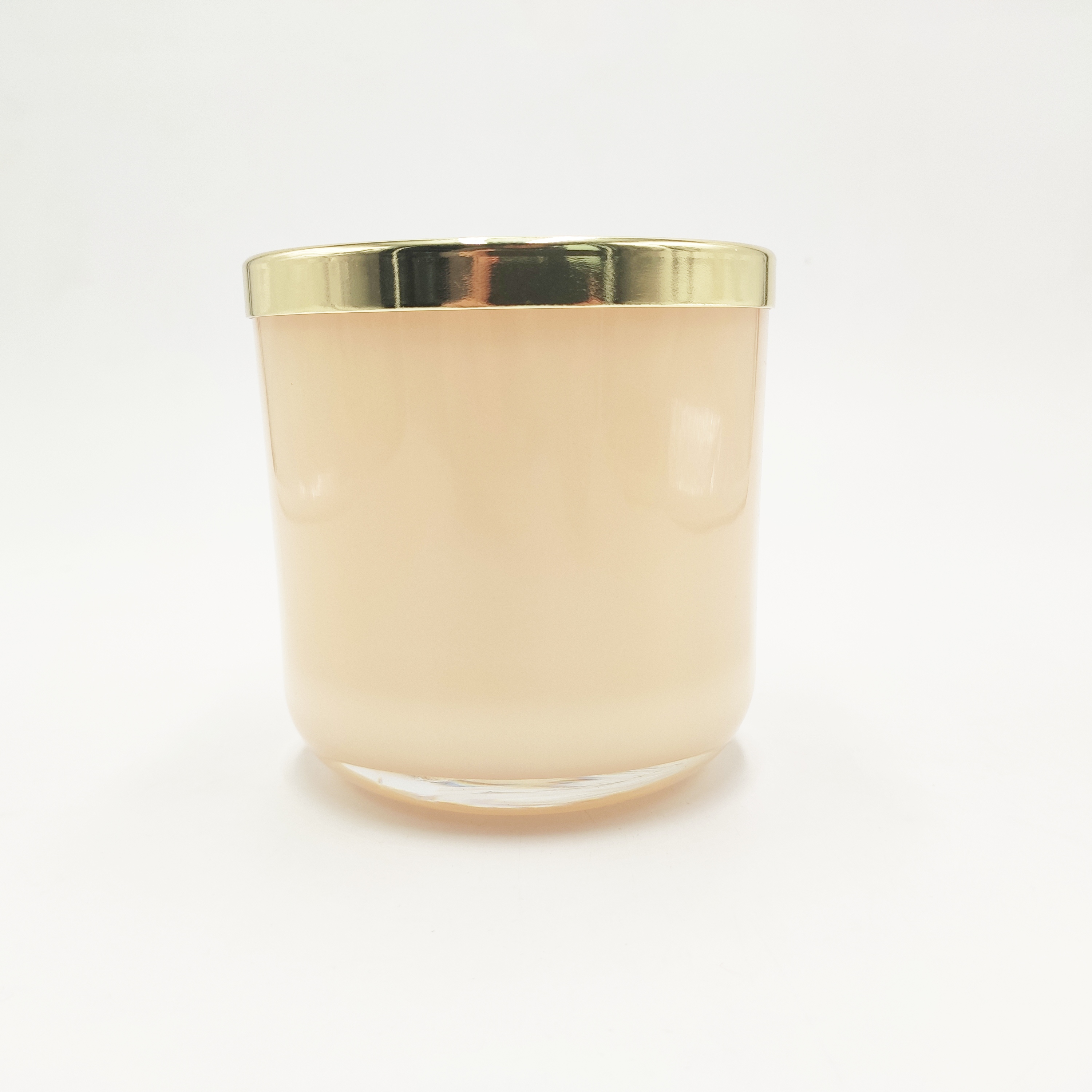 10cm height cream color glass candle jar with unique hollow-out metal lid