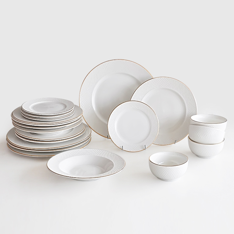 18pcs porcelain embossed dinnerware set with gold rim