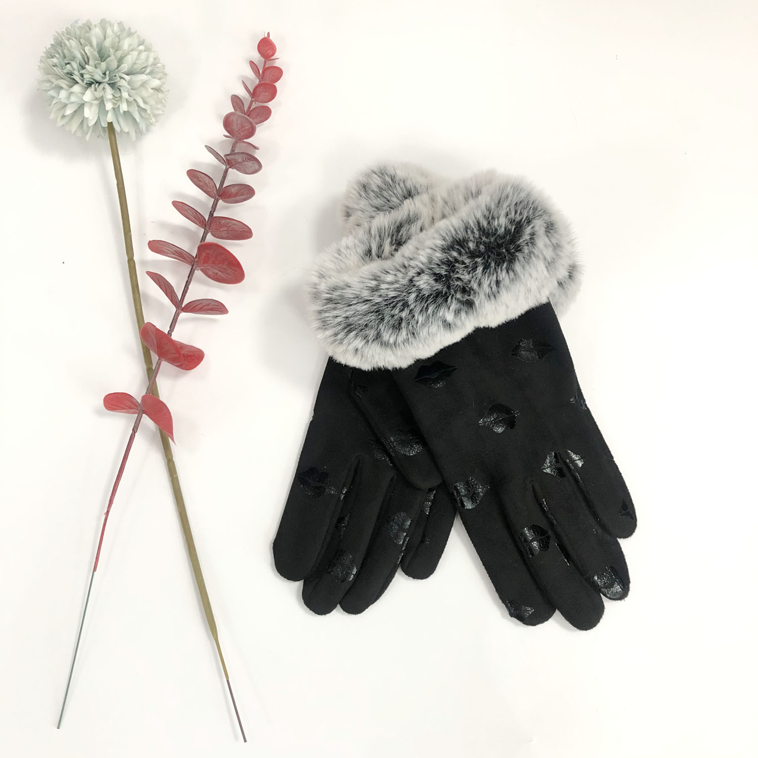 WGLL2 Fashion Women Leather Gloves Winter faux fur Dressing Warm Faux Fur Lined Touchscreen lip