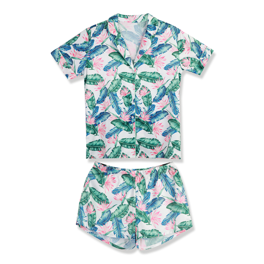 001-Custom Summer Silk Sleepwear Pyjama Sets Chinese Satin Pajamas Women Sexy Sleepwear Short Sleeve Button Cardigan