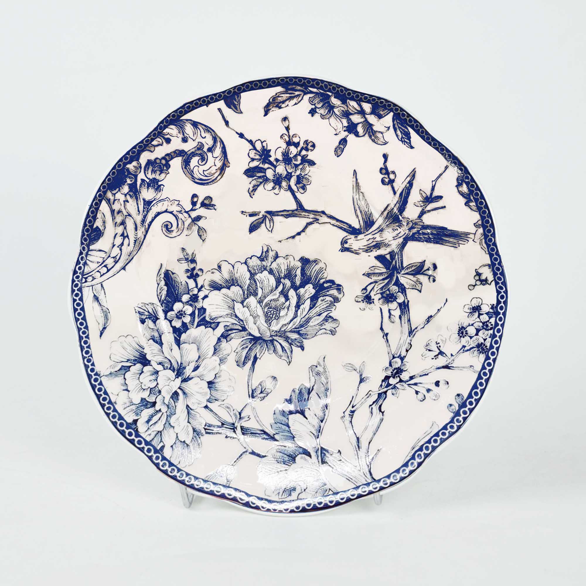 7.5'' porcelain petal edge plates set with blue flower design