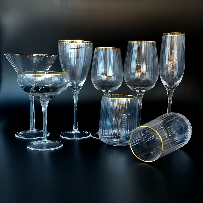 gold rim ribbed pattern transparent wine glass goblet champagne glass tumbler set