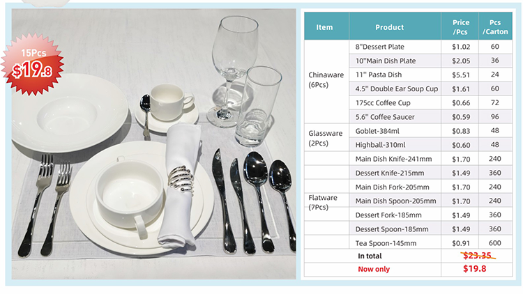 15PCS Wholesale custom logo hotel restaurant dinnerware set