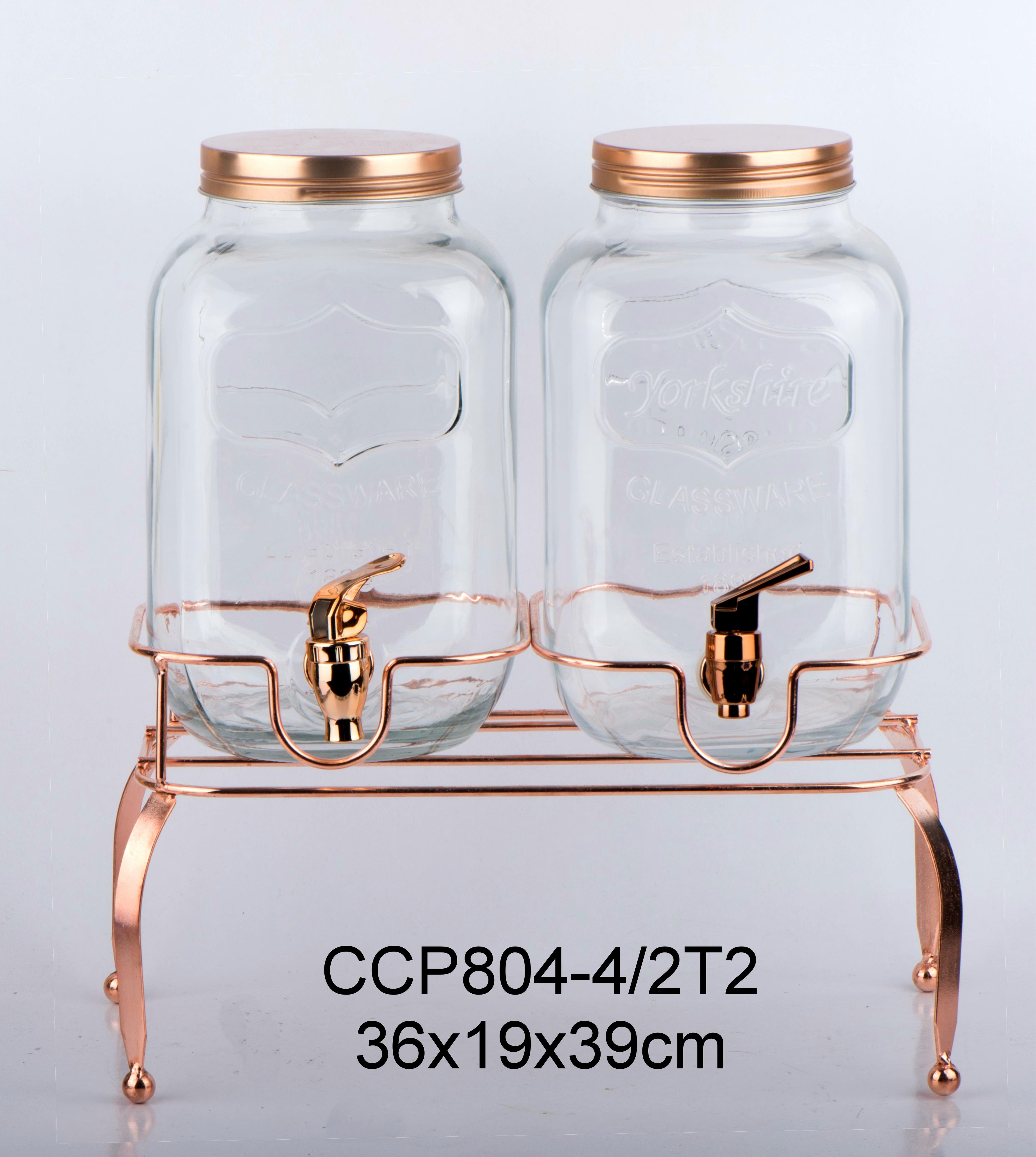 CCP804-4/2T2 2PCS 4L glass juice dispenser with metal rack and plastic tap