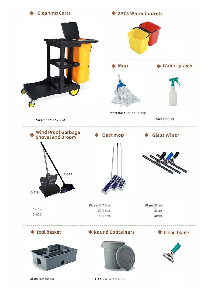 16pcs/set hotel cleaning tools necessary cleaning cart and dust mop