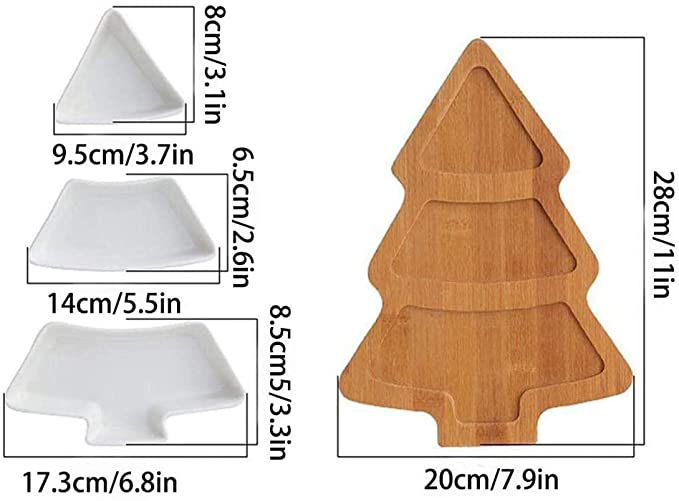 Christmas Tree Ceramic Snack Plate, 3 Pcs Removable White Porcelain Plates with Bamboo Tree Tray, Suitable for Family, Living Room, Kitchen, Party