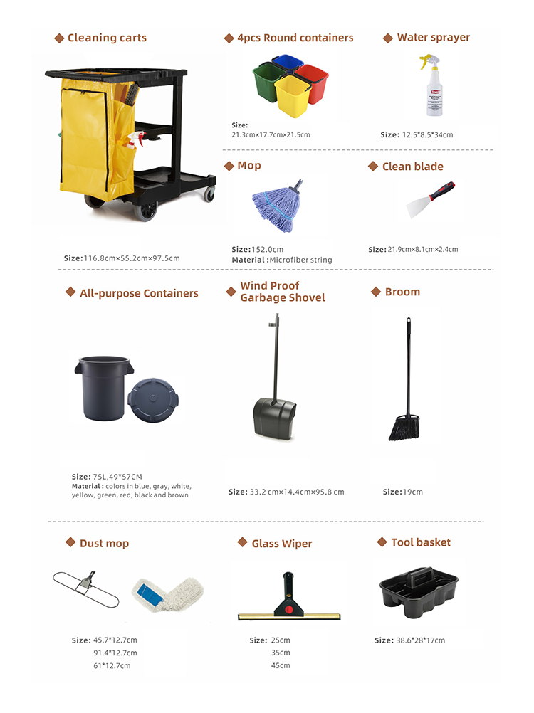 18pcs/set hotel cleaning cart combo dust mop and cleaning tools