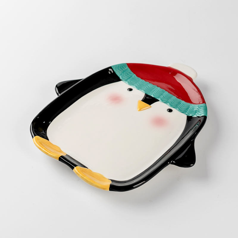Christmas Hand Painted Ceramic Penguin Serving Plate Salad Fruit Dish