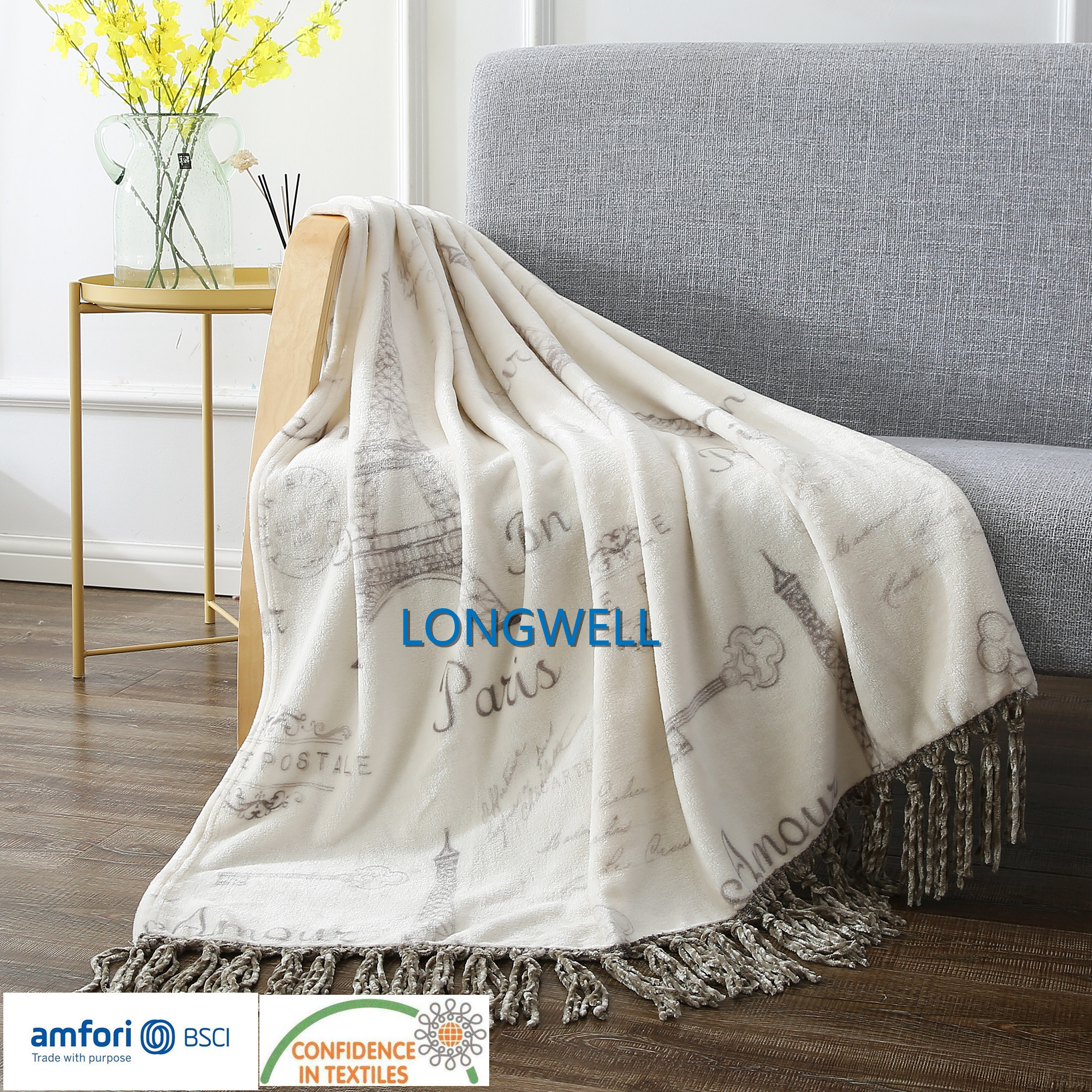 100%polyester rotary printed flannel fleece blanket/throw with fringes/blankets with tassels