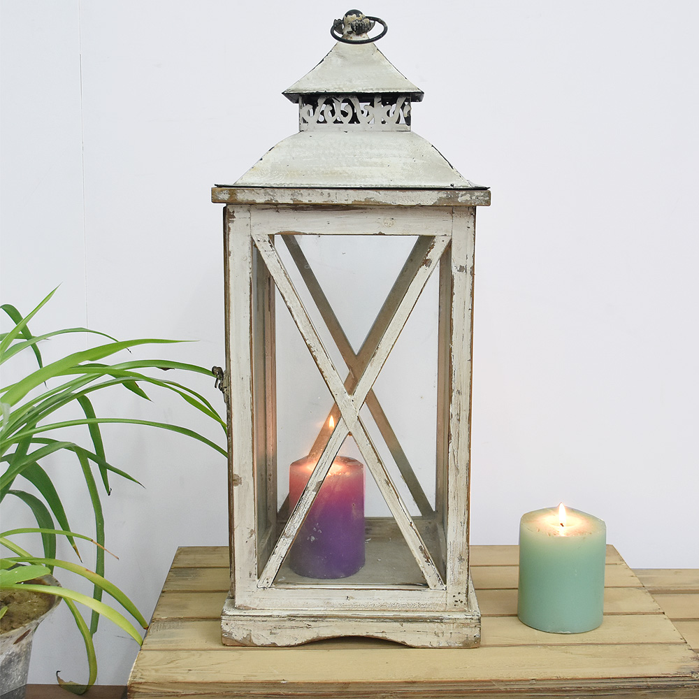 Vintage Farmhouse French Country Home and garden decor Distressed wooden Candle Lantern