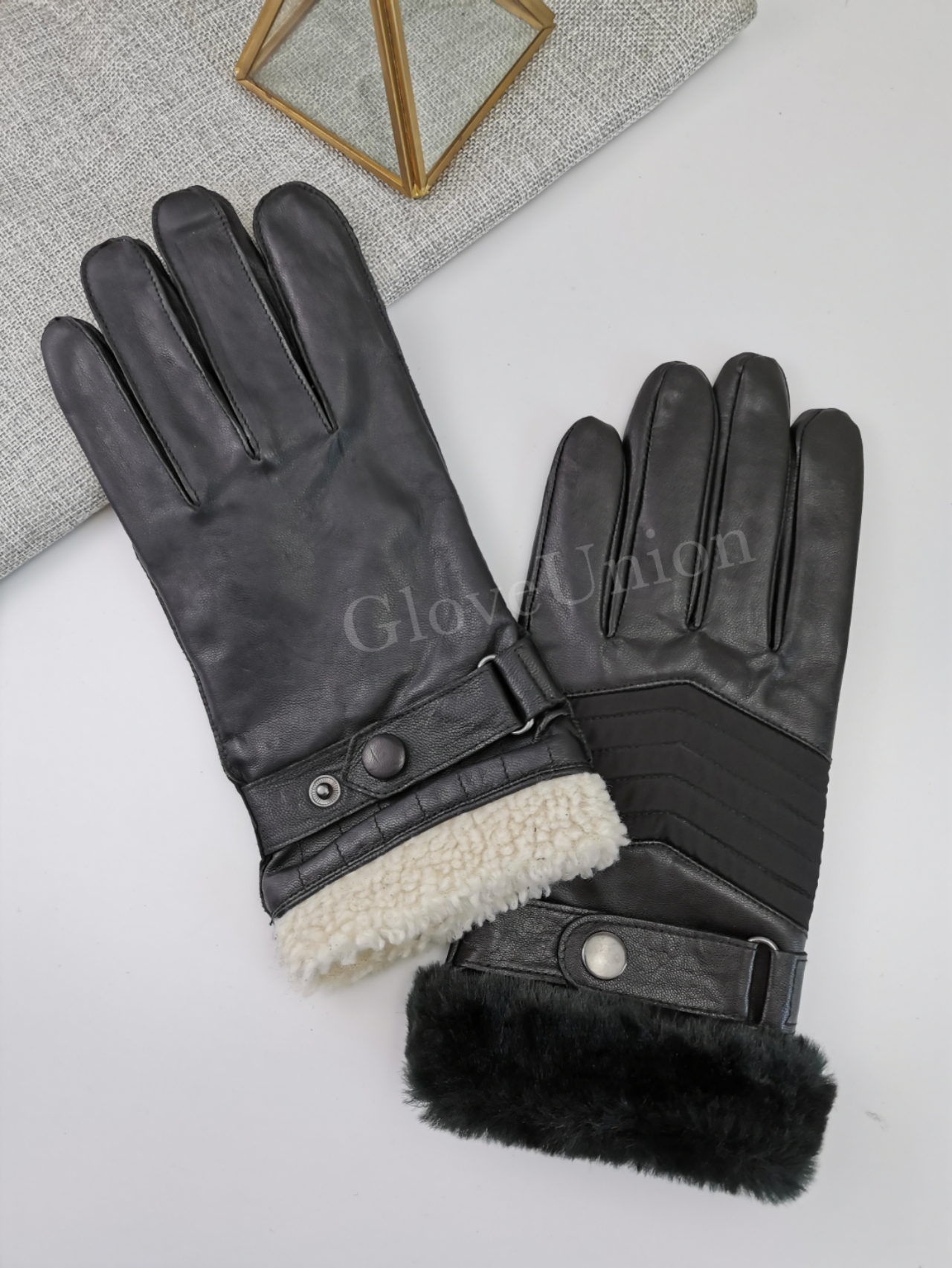 men's fashion sheepskin leather glove with faux fur on cuff