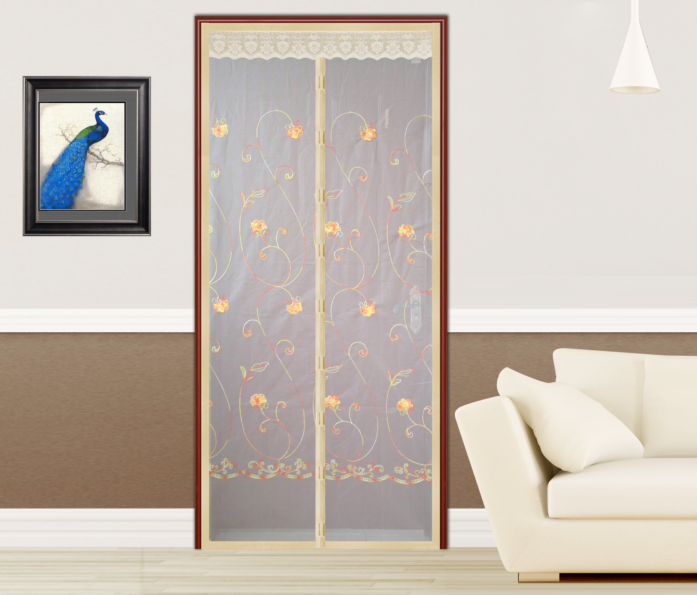 Embroidered design magnetic door screen