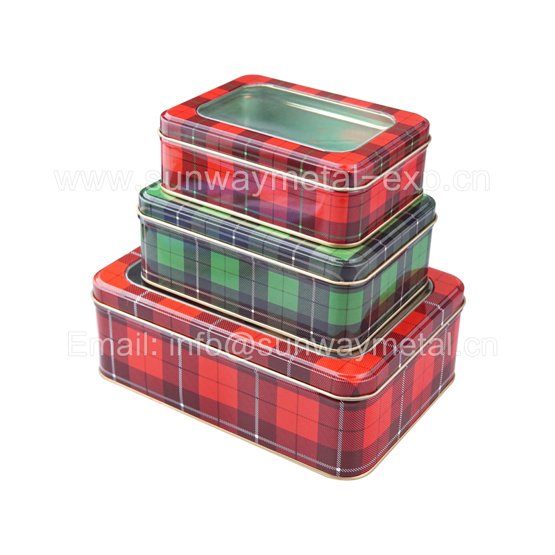 Rectangle plaid can set Christmas tin box with window food packaging tin