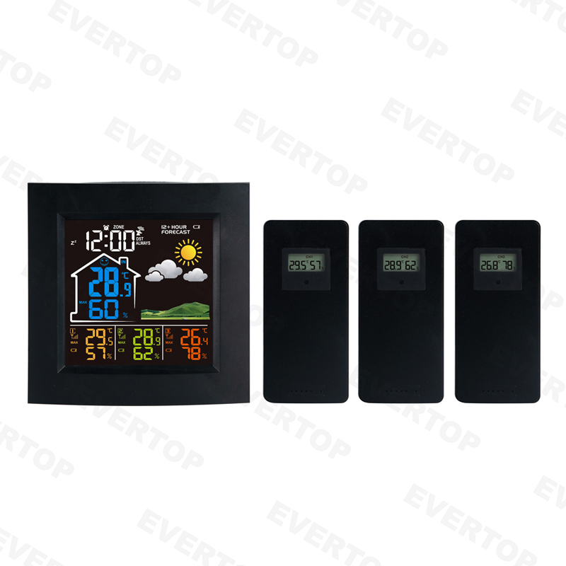 433MHZ color screen weather station cock with 3 channels indoor and outdoor temperature and humidity ET839E-3