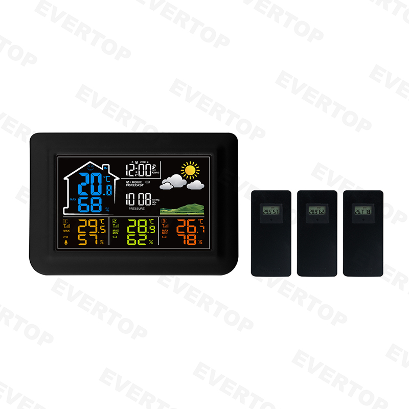 Color Screen Weather Station Clock With 3 Channels Indoor And Outdoor Temperature And Humidity Et820e-3