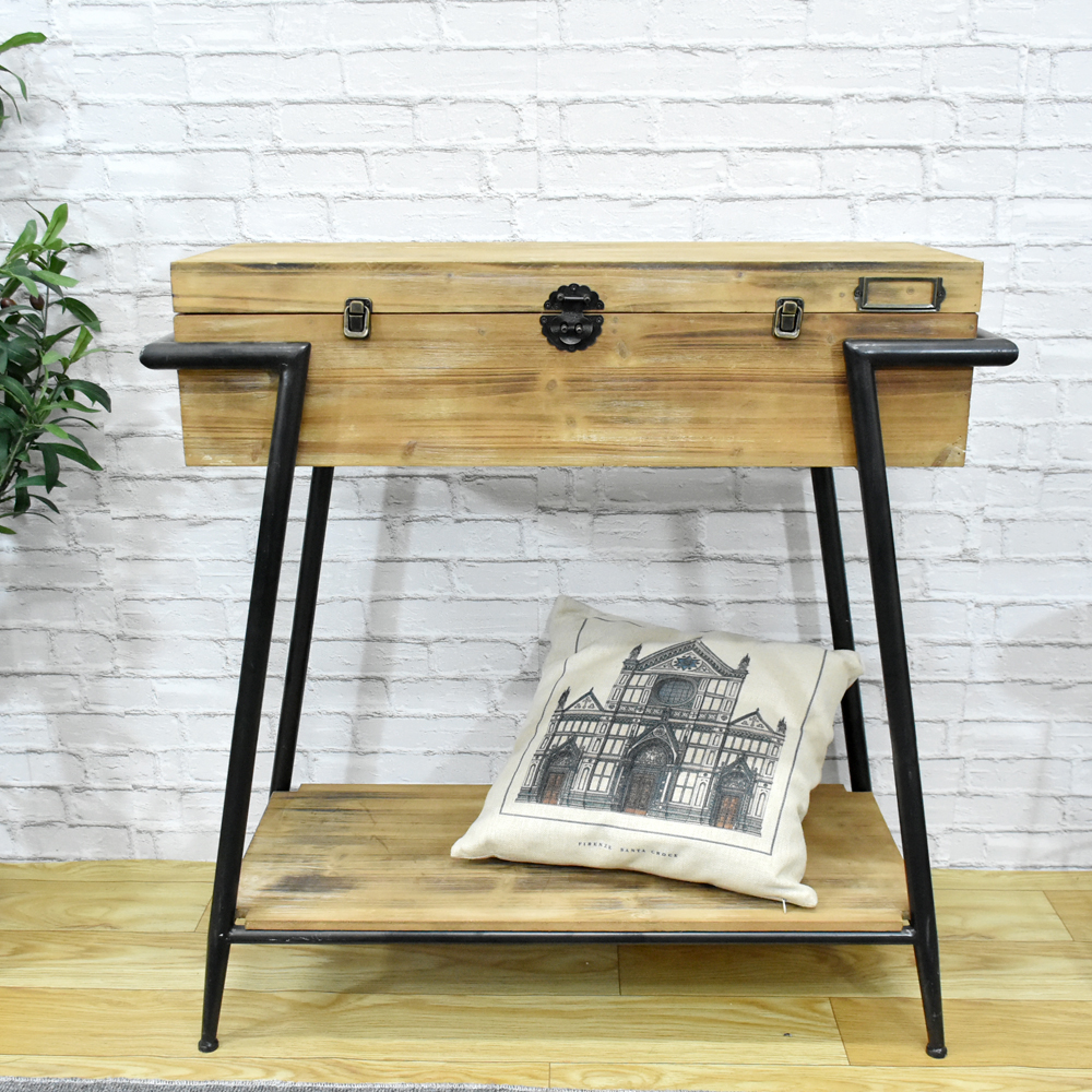 Modern Farmhouse Wooden Side Table with Iron Feet and Trunk Top