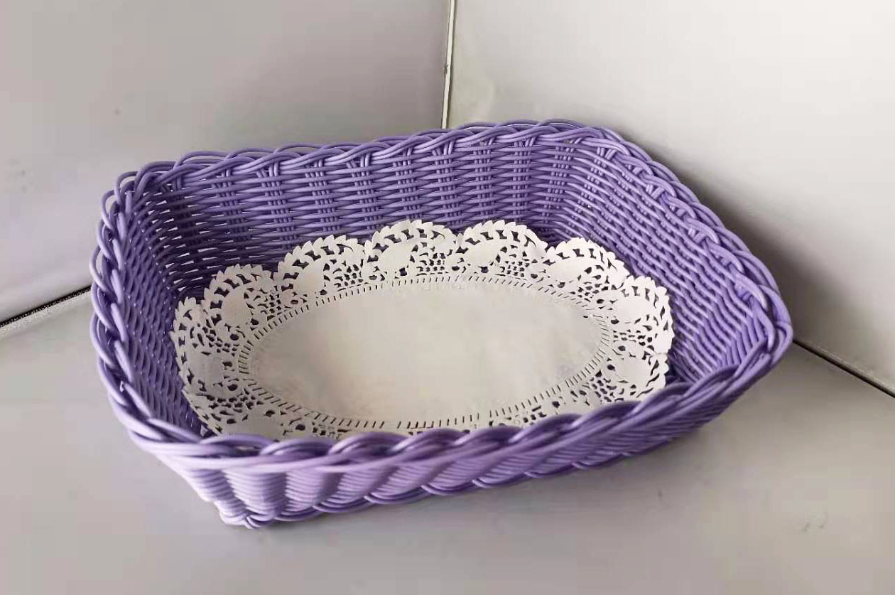 plastic basket with doily paper