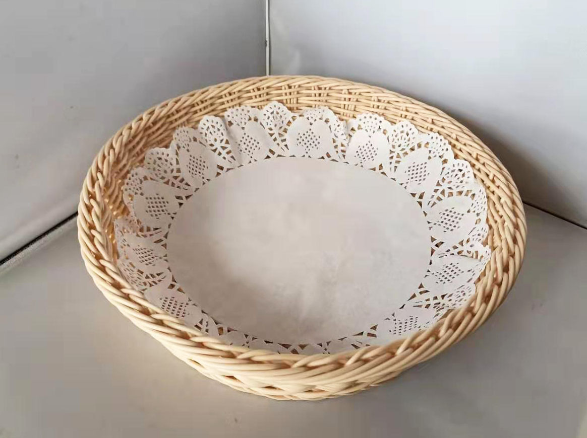 plastic basket with paper doily