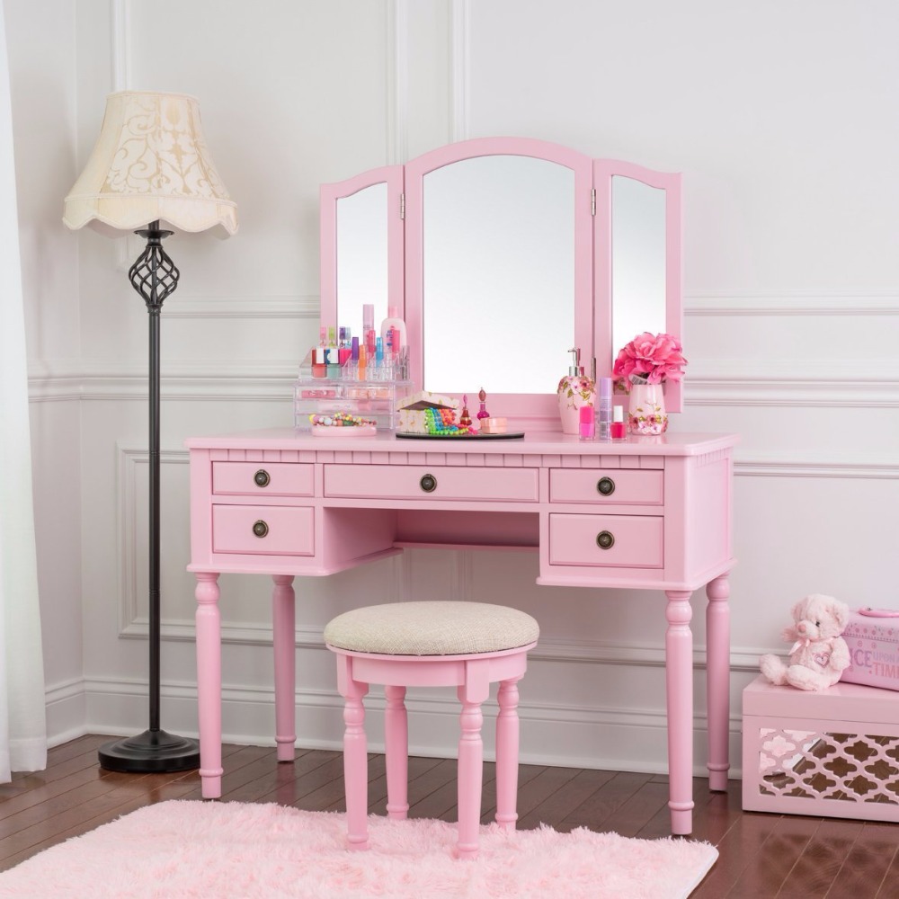 New Design French Style Wooden Mirror Movable Pink Modern Dressing Table for girls
