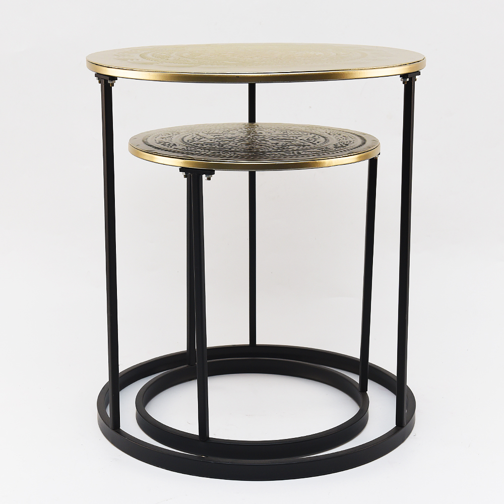 set of 2 ,metal side table,black stand with golden top.