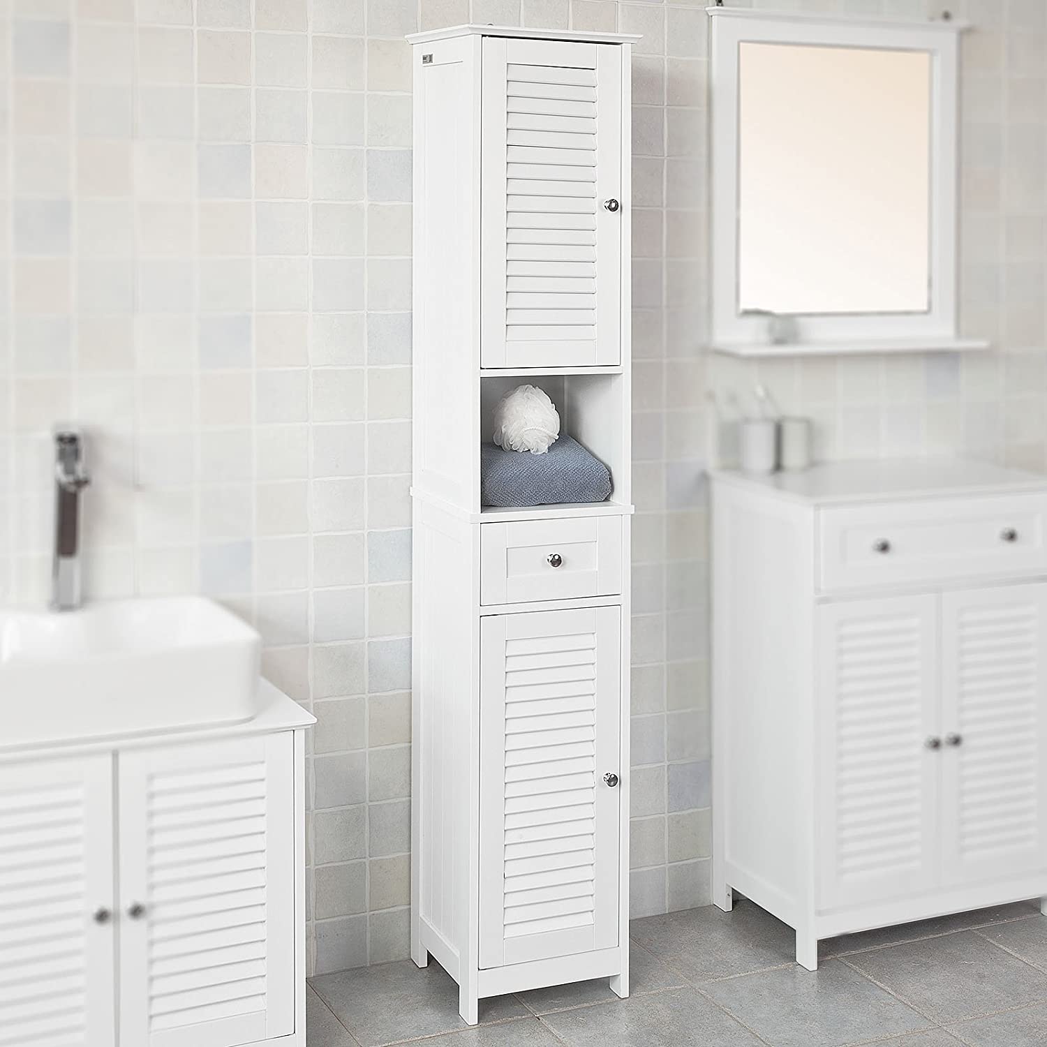 White Floor Standing Tall Bathroom Storage Cabinet