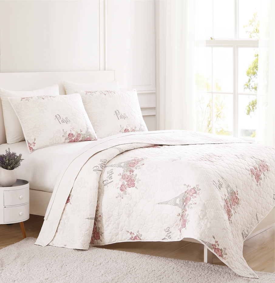 3 pieces floral print twin queen king size quilted embroidered skirted coverlet bedspread bed spread set