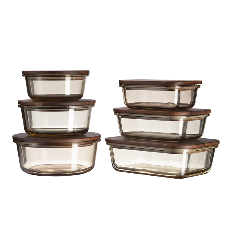 Glass food container with acacia wood lid