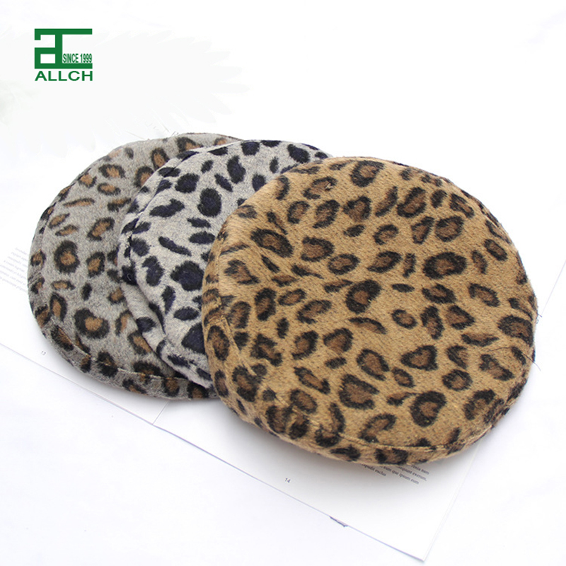 AL000069 ALLCH Autumn Winter Fashion Cute Leopard Printed Woman Colored Felt Beret Beanie Hat