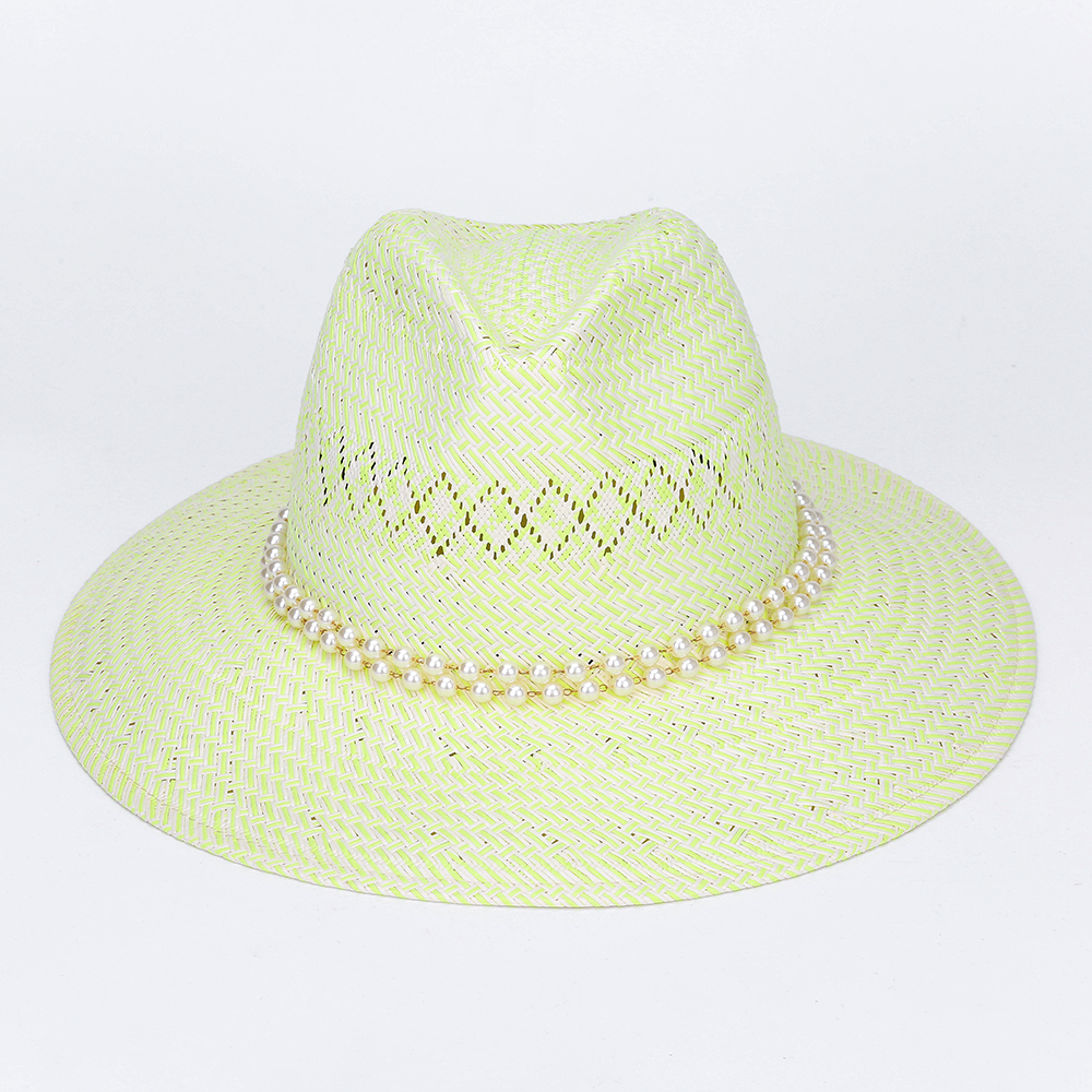 woman wide brim pearl light green straw hat