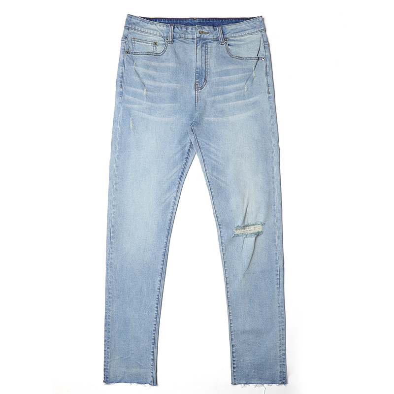 Men denim jeans ripped bleach wash moustage and monkey wash accept custom H001