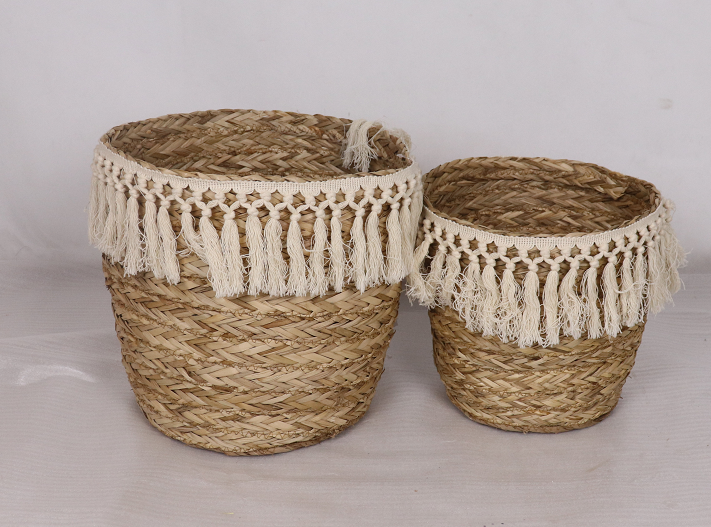 YR202010120 zhengheshun other furniture Set 2 rush straw Storage Basket with tassels