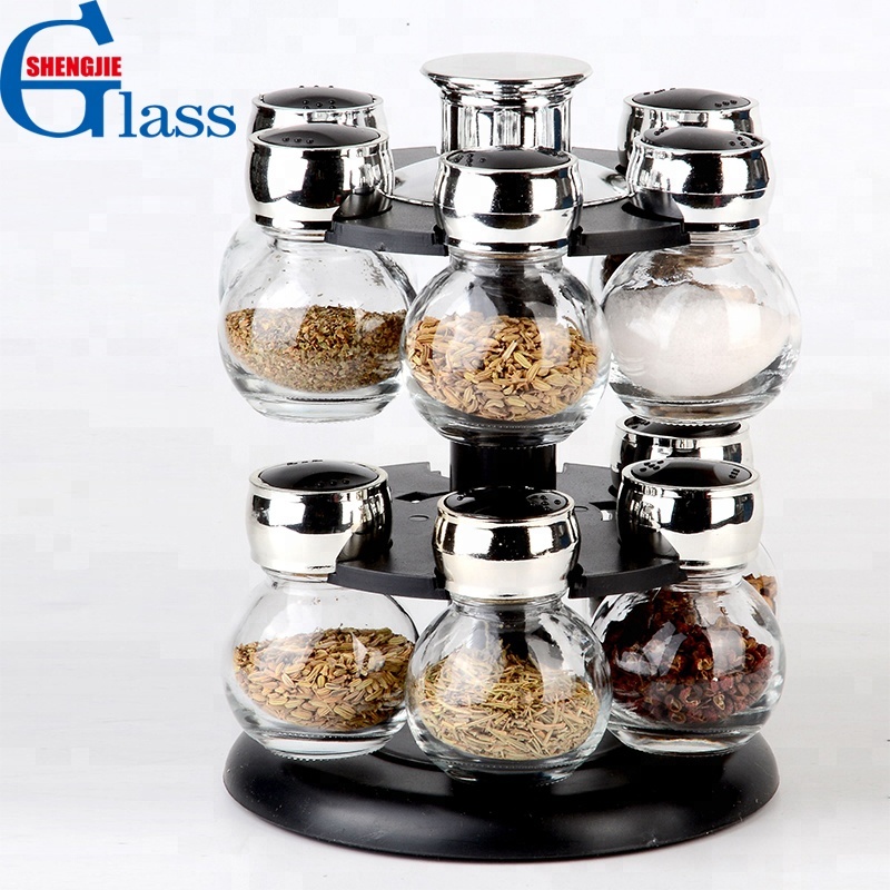 Decorative Rotating Glass Spice Jar Rack Set with Plastic Stand