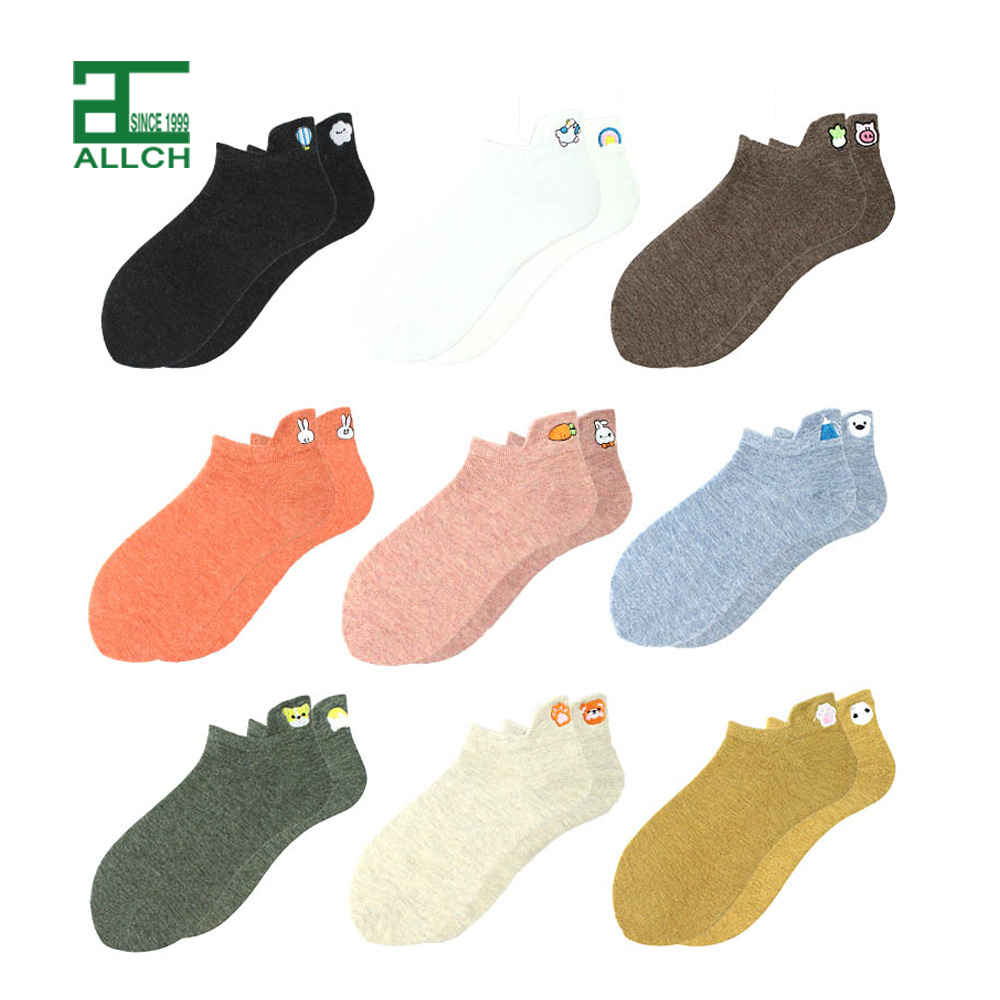 FS000077 Knitting Premium No Show Cotton Socks Summer School Girl Short Embroidered For Ladies