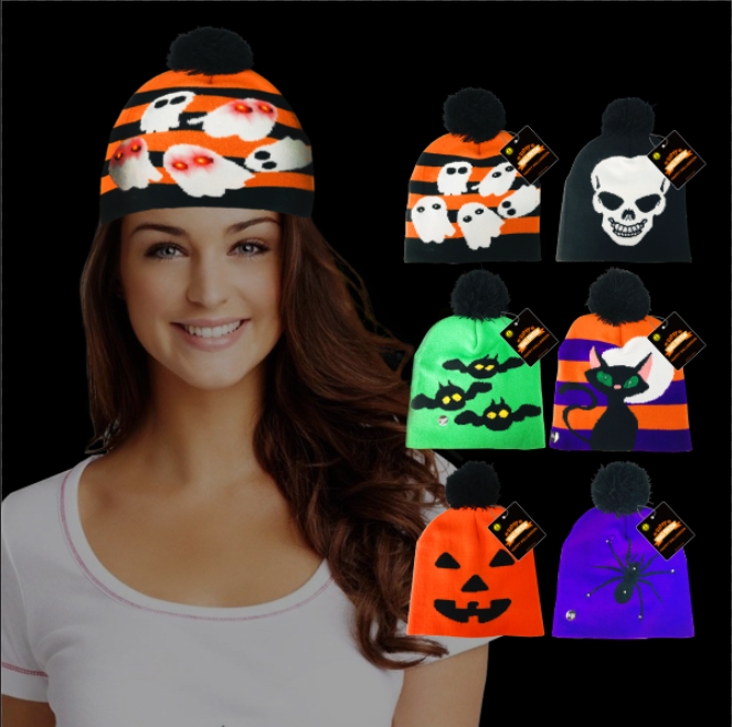 neonglo K50469-HL-A party item Halloween Light Up Short Knitted Hat w/Halloween Pattern