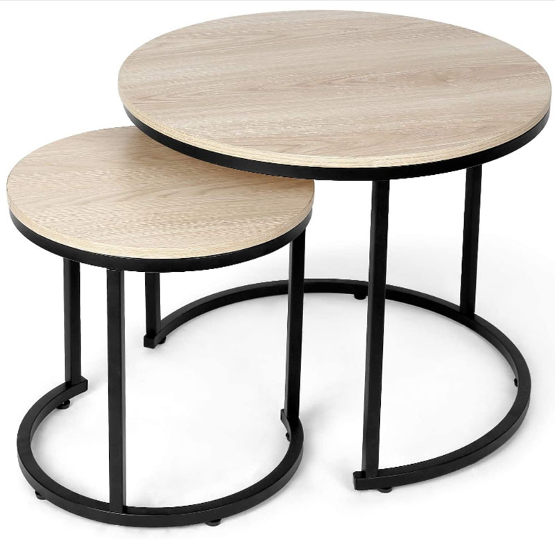 Modern Nesting Coffee Table Set of 2 for Living Room Balcony Round Wood with Sturdy Metal Frame