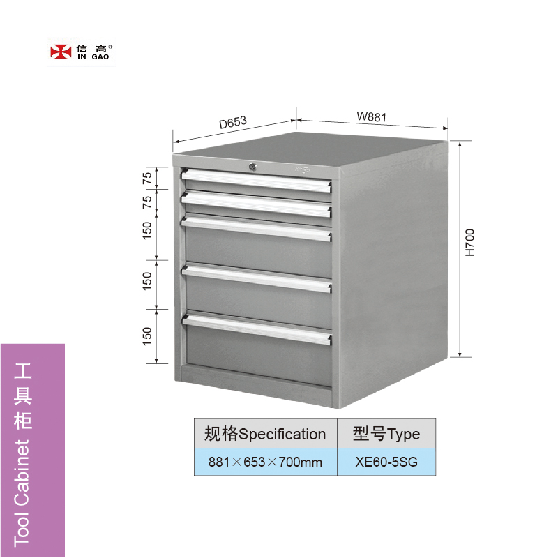 881mm Wide Heavy Duty Garage 5 Drawers Tooling Cabinet Drawer Unit