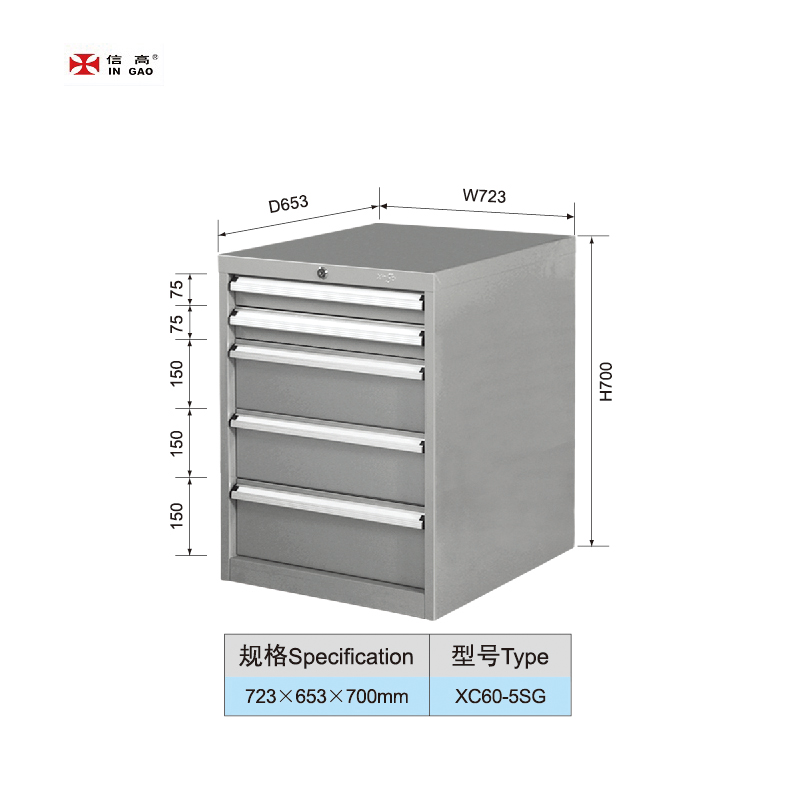 723mm Wide Heavy Duty Garage 5 Drawers Tooling Cabinet Drawer Unit