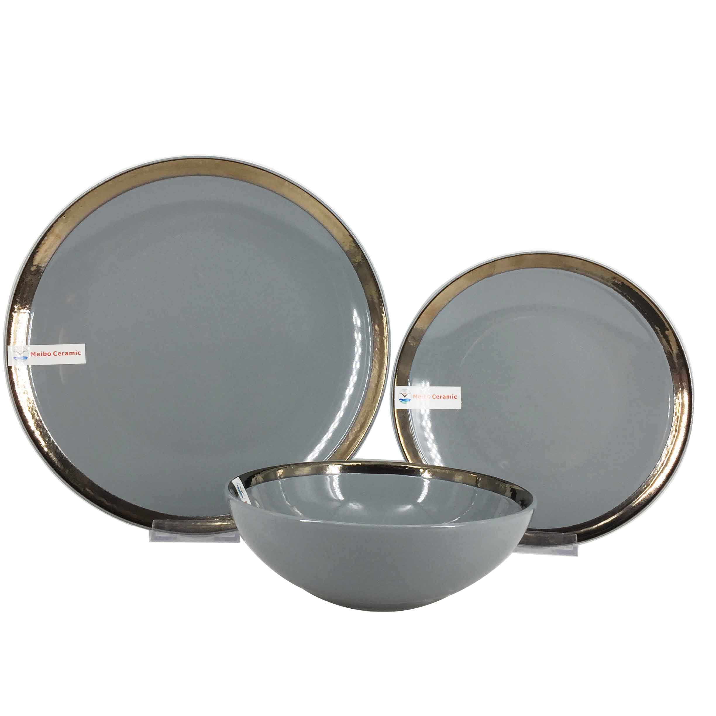 stoneware solid color glazed 16pcs dinner set with metal rim