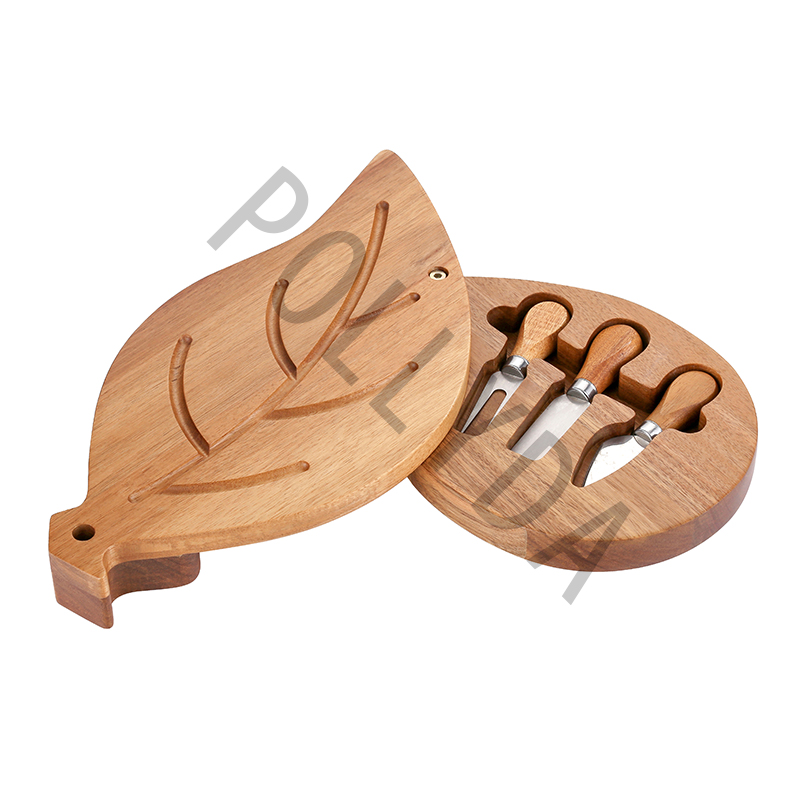 ACS002-04S Leaf Shaped Acacia wood Set of 4pcs cheese knives with board