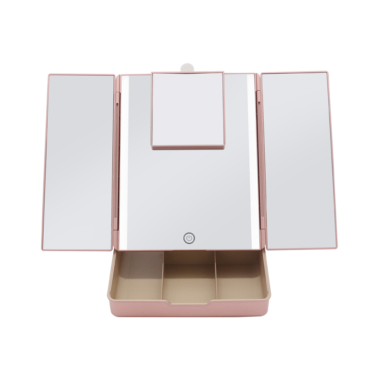 Amazon Best Seller Light Tri Foldable Cosmetics Organizer Makeup Mirror