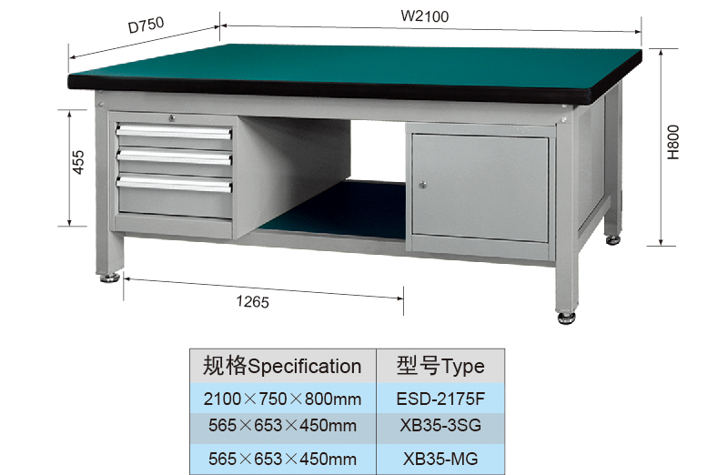 2.1meter Medium Duty Industrial Work Benches with Tooling Cabinet Unit for Garage