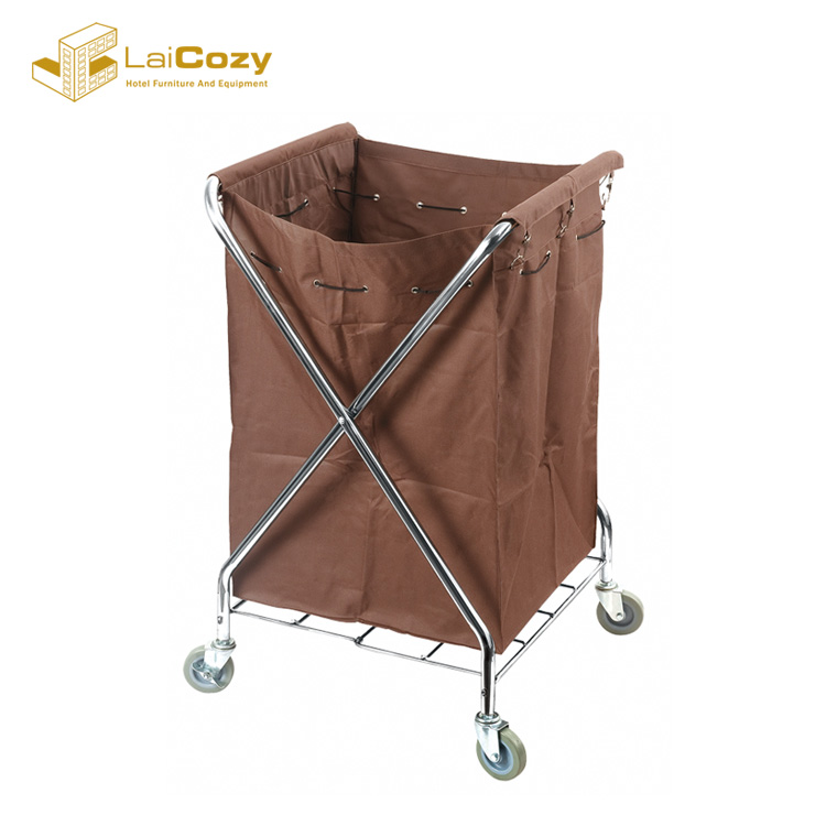 Hotel Wheeled X Stainless Steel Frame Laundry Cart With Bag For Linen