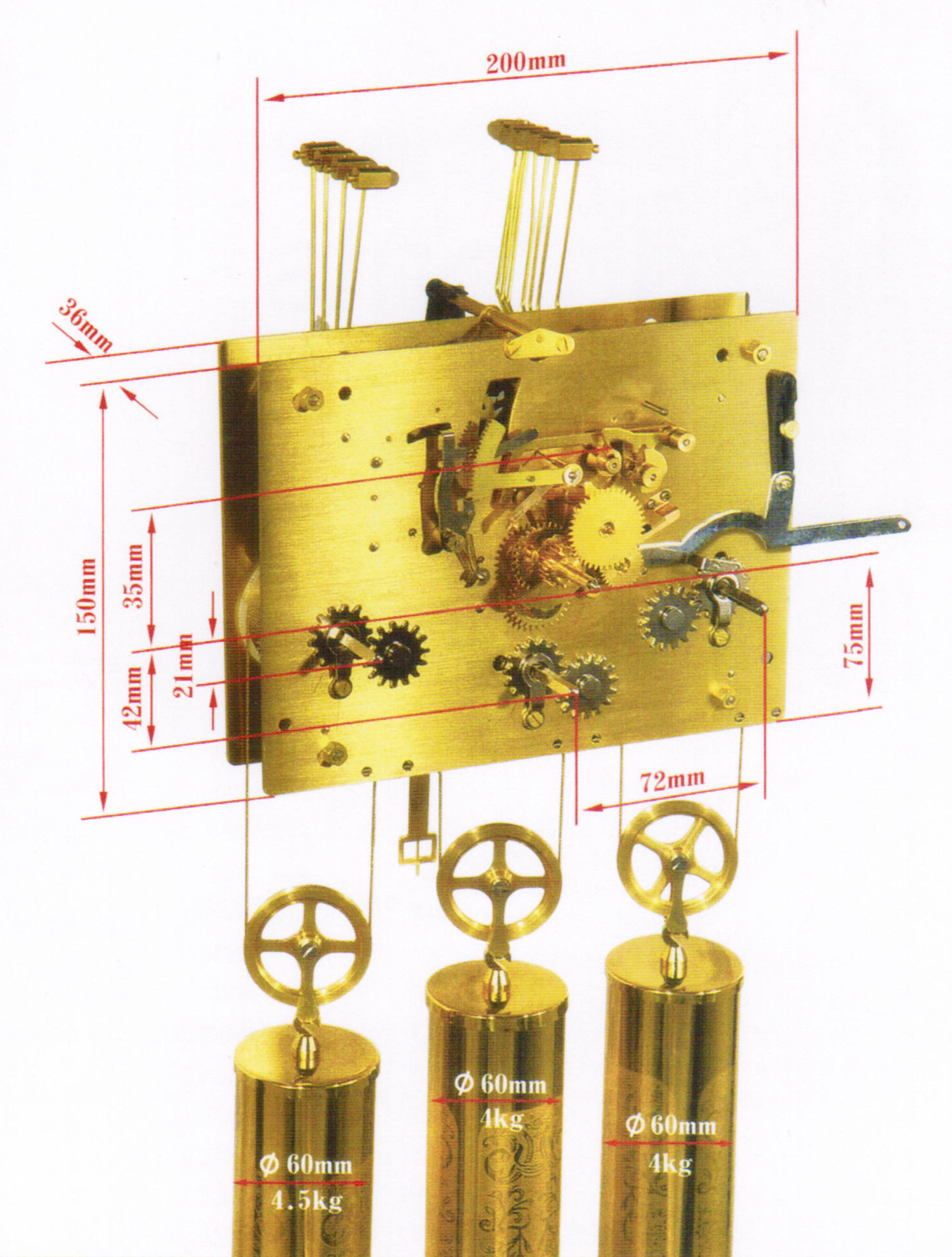 7days cable driven 12-rod movement with 3 weights