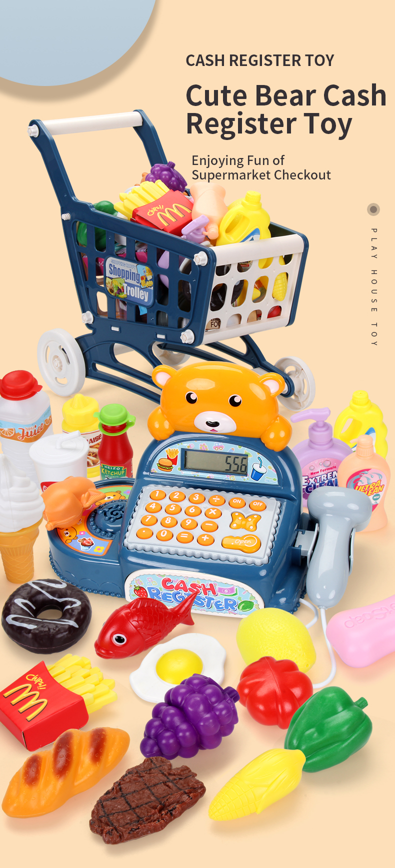 Bear Pretend Cash Register Toys for Early Education Kids Supermarket Toy Cashier Set