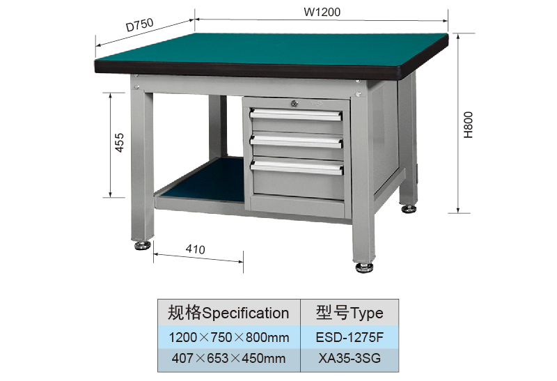 1.2 Meter Metal Garage Heavy Duty Workbench and 3 Drawers