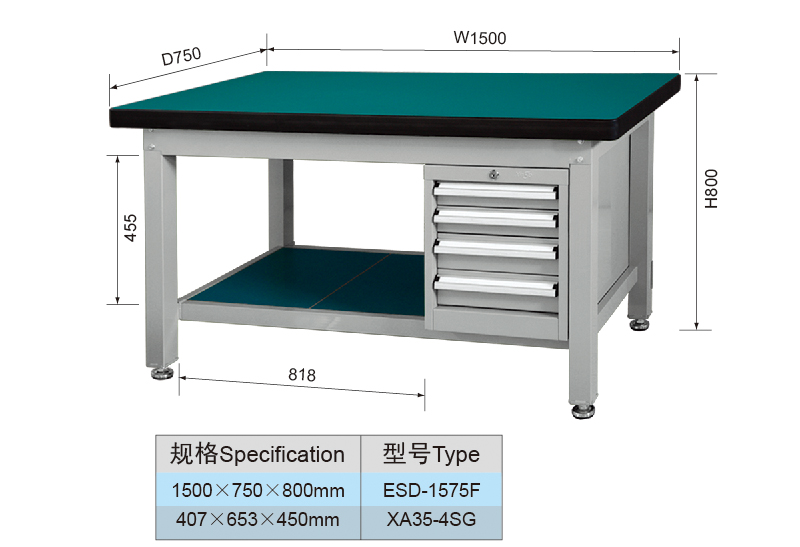 1.5 Meter Metal Garage Heavy Duty Workbench with 4 Drawers