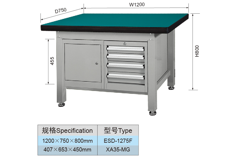 1.2 Meter Metal Garage Heavy Duty Workbench and 4 Drawers and 1 Open Door Cabinet