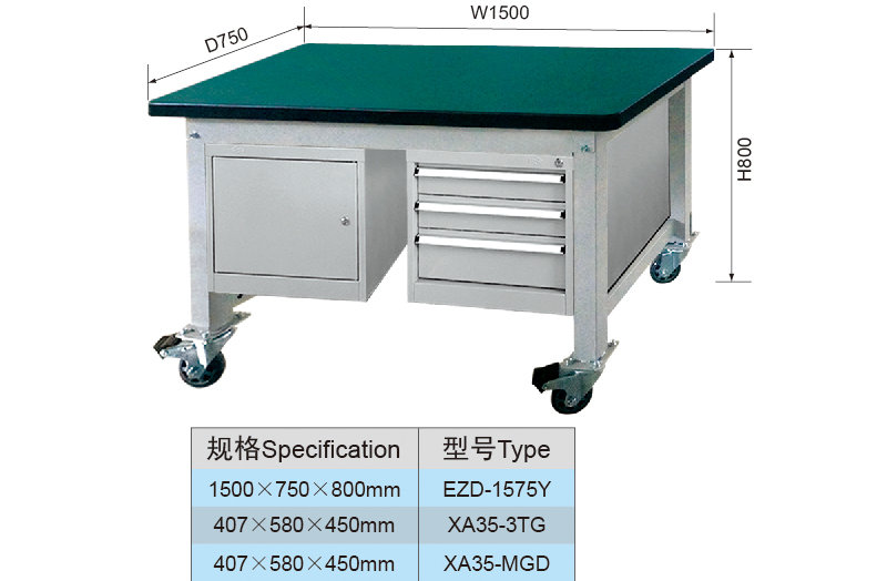 1.5 Meter Metal Garage Moveable Workbench with 2 Hanging Cabinets